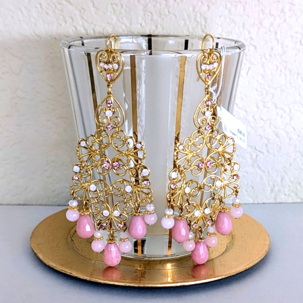 NWT Jose & Maria Barrera Pink And Gold Chandelier Earrings